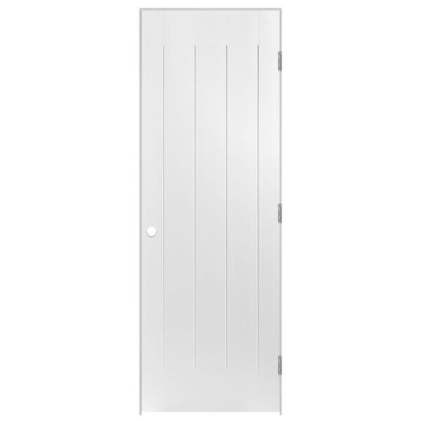 Masonite 28 in. x 80 in. Saddlebrook 1-Panel Plank Right-Handed Hollow-Core Smooth Primed Composite Single Prehung Interior Door