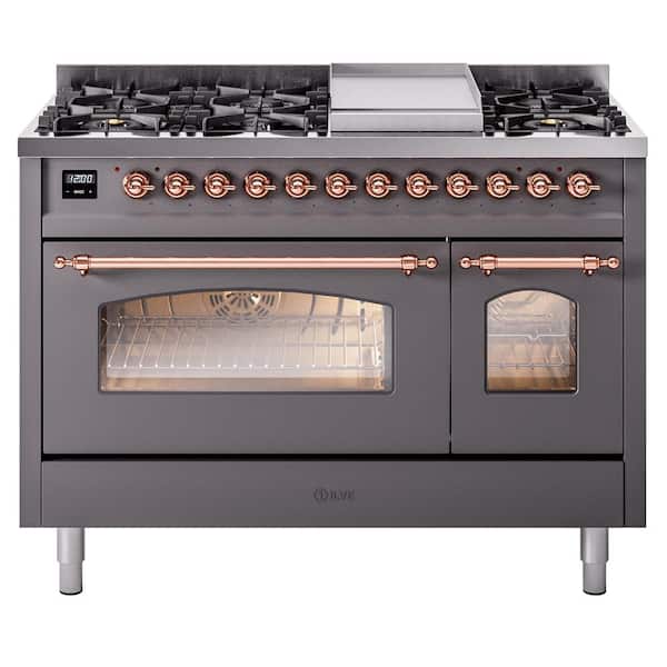 Nostalgie II 48 in. Dual Fuel Liquid Propane Range with 8-Burnerss, Griddle, Copper Trim in Graphite Matte