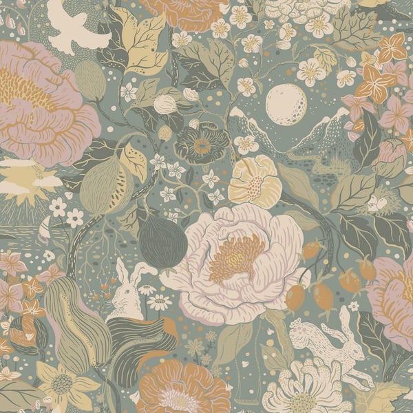 A-Street Prints Blue Vaxa Slate Rabbits and Rosehips Paper Non-Pasted Non-Woven Matte Wallpaper