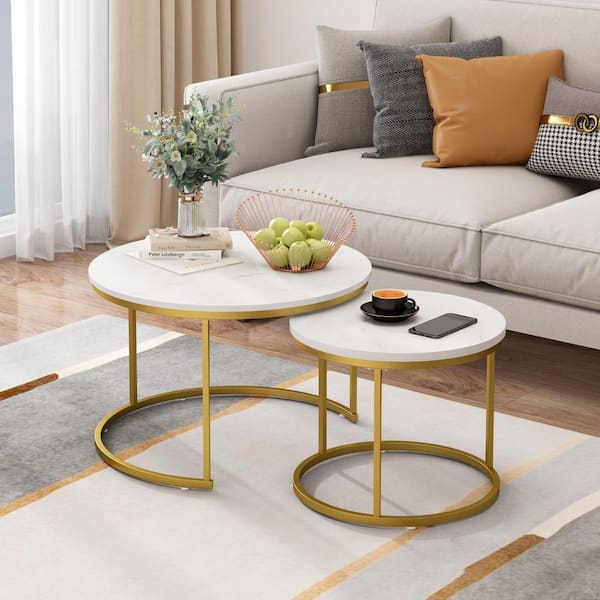 Modern 27.6 in. White Marble Pattern Round MDF Nesting Coffee Table End Table Set, Gold Metal Base (Set of 2)