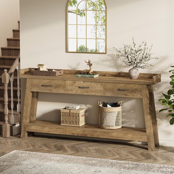 Turrella 70.87 in. Brown Rectangle MDF Entryway Console Table with 3 Drawers & Open Shelf, Rustic Extra Long Sofa Table