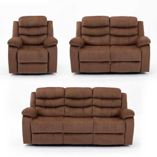 hzlagm Yingj 166 in. W 6-Seat Microfiber 3-Piece Straight Reclining Sofa set in Brown