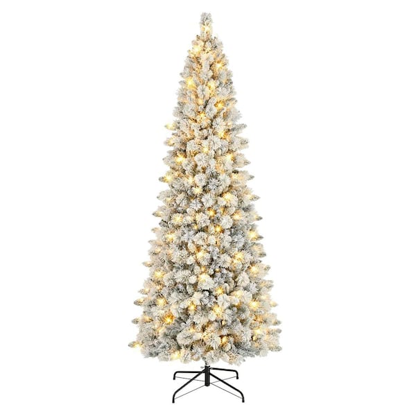 Puleo International 9 ft. Pre-Lit Flocked Alberta Spruce Artificial Christmas Tree, 1382 Tips, 450 Warm White LED lights, UL Listed Adaptor