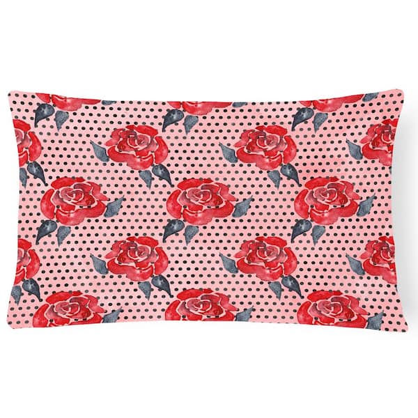 Caroline's Treasures 12 in. x 16 in. Multi-Color Lumbar Outdoor Throw Pillow Watercolor Red Roses and Polkadots