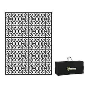 Reversible Outdoor Rug, 9 ft. x 12 ft. Plastic Waterproof Floor Mat Camping Carpet with Carry Bag, Black and White Chain