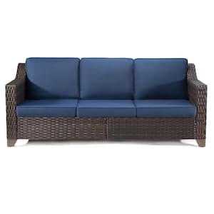 Wicker Outdoor Patio Sectional Sofa with Navy Blue Cushions