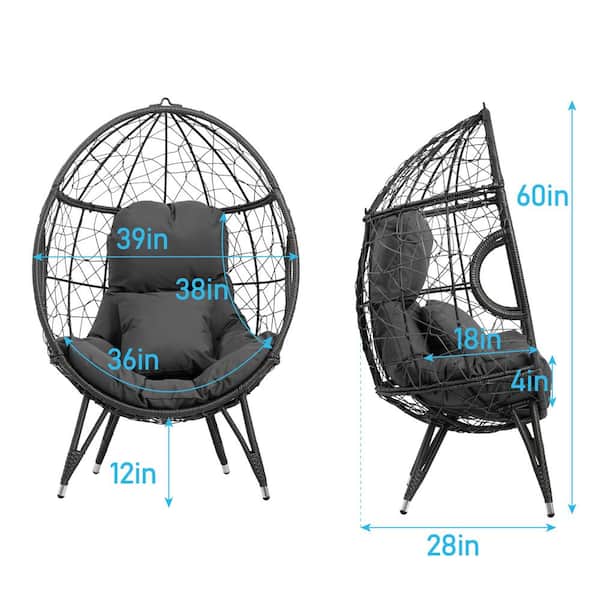 Gray Ergonomic Teardrop Wicker Outdoor Lounge Chair with Gray Cushion