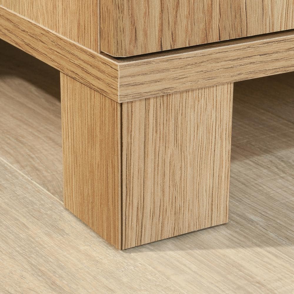 Timber Oak Storage Cabinet with Adjustable Shelving and Black Hardware
