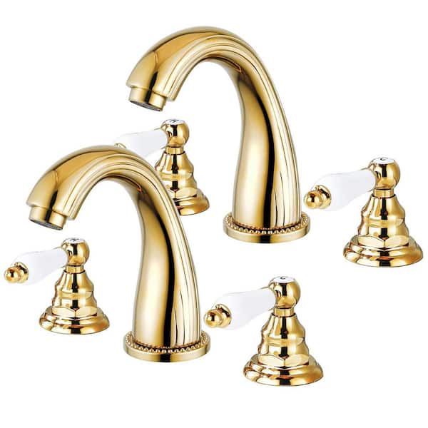 2-Handles 8 in. Widespread Bathroom Faucet 3-Hole Sink Faucet in Polished Gold (2-Pack)