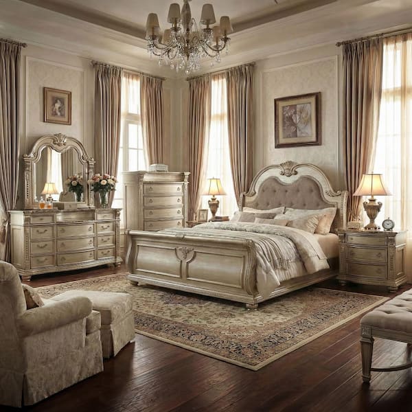 Rilon 6-Piece Gold Champagne Wood Queen Panel Bedroom Set with Genuine Marble Inset Tops