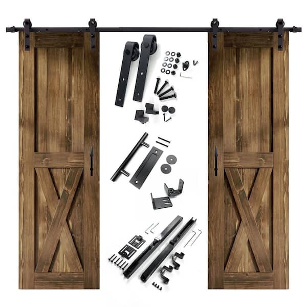 HOMACER 26 in. x 84 in. X-Frame Walnut Double Pine Wood Interior Sliding Barn Door with Hardware Kit Non-Bypass
