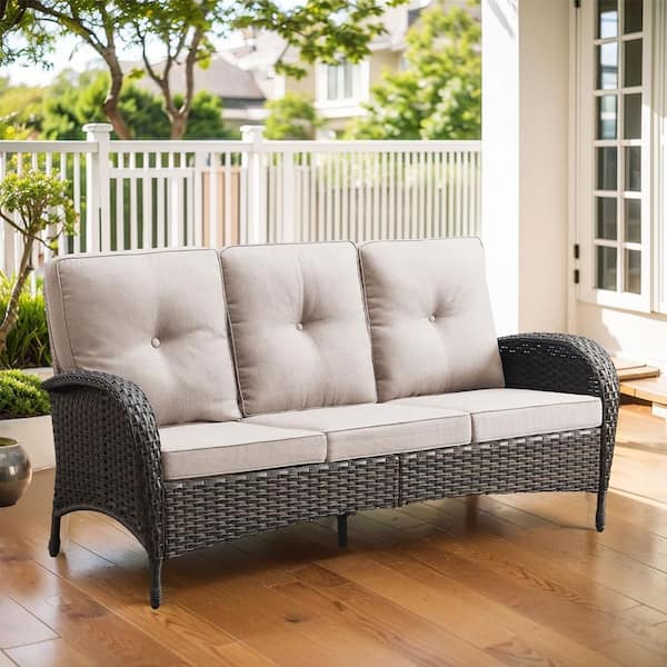 Gymojoy Carlos Brown Wicker Outdoor Couch with Beige Cushions