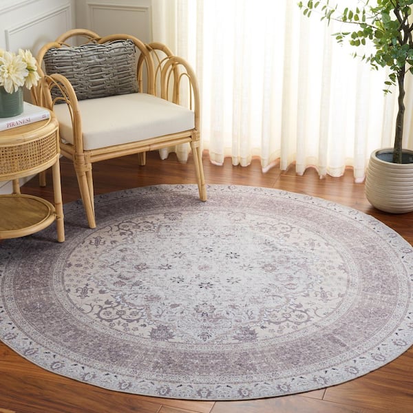 Arizona 6 ft. x 6 ft. Round Ivory/Beige Transitional Distressed Medallion Washable Area Rug