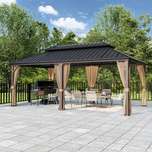 12 ft. x 20 ft. Outdoor Patio Aluminum Frame Gazebo with Double Hardtop Steel Roof, Mosquito Net and Curtains