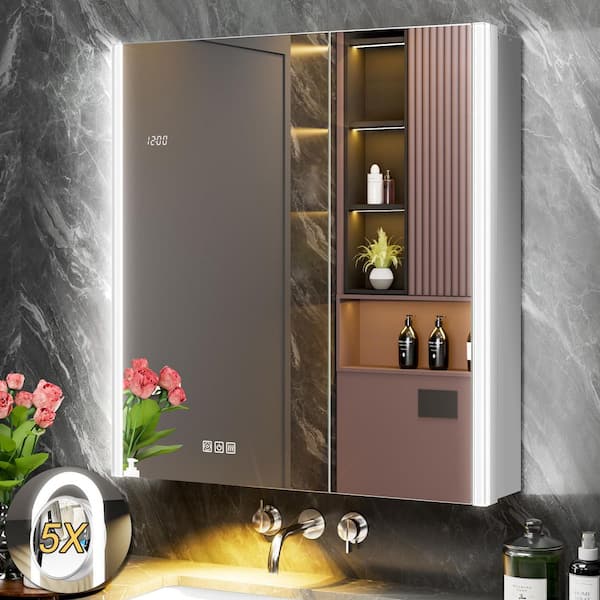 AuraPro 30 in.W x 32 in.H Rectangular Surface/Recessed Wall Mount Lighted Medicine Cabinet with Mirror,Magnifying Glass