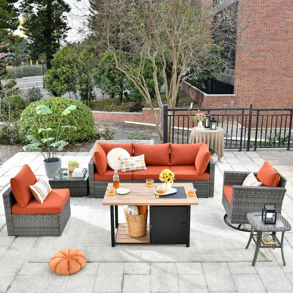 OVIOS Hippish Gray 8-Piece Wicker Outdoor Patio Fire Pit Table Conversation Seating Set with Orange Red Cushions
