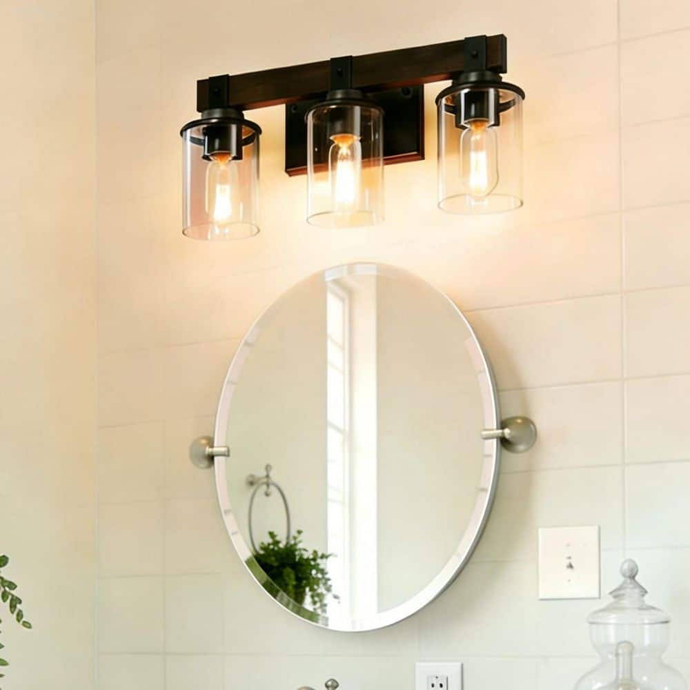 18.5 in. 3-Light Black Farmhouse Rustic Bathroom Vanity Light with Walnut Solid Wood and Clear Glass Shades price history on PriceWatchPro
