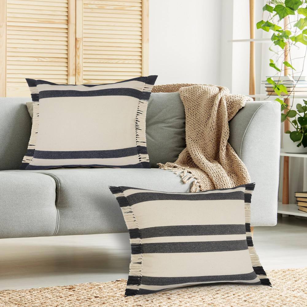 Gray and White 20" Square Striped Fringe Throw Pillow