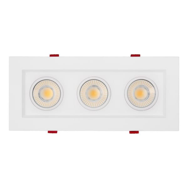 Maxxima 4 in. 3-Head LED Slim Square Recessed Anti-Glare Gimbal Downlight,White,Canless IC Rated, 3000 Lumens, 5 CCT 2700K-5000K