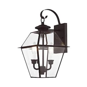 Ainsworth 16.5 in. 2-Light Bronze Outdoor Hardwired Wall Lantern Sconce with No Bulbs Included