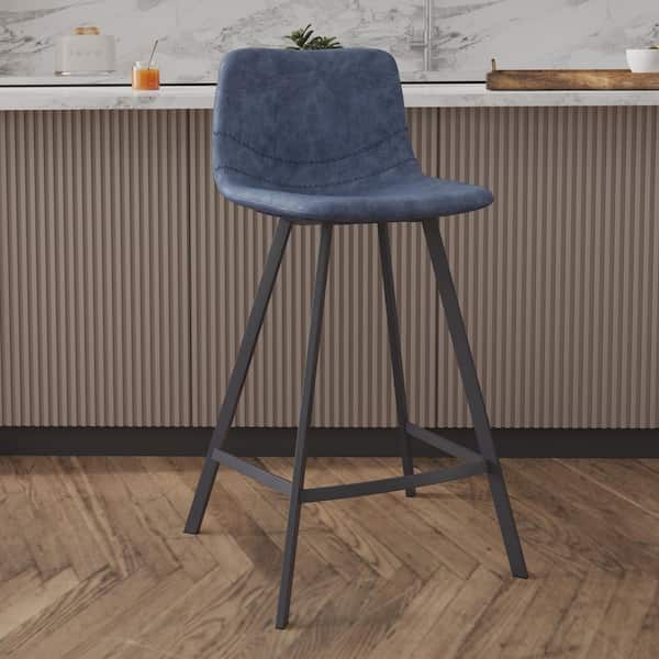 Elland 35 in. Leather Upholstery Counter Stool in Black Stainless Steel for Indoor and Outdoor in Peacock Blue