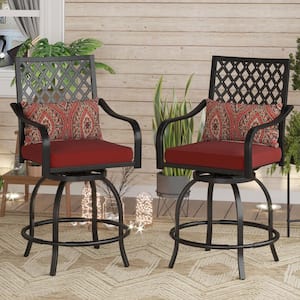 Swivel Metal Outdoor Bar Stool with Red Cushion (2-Pack)