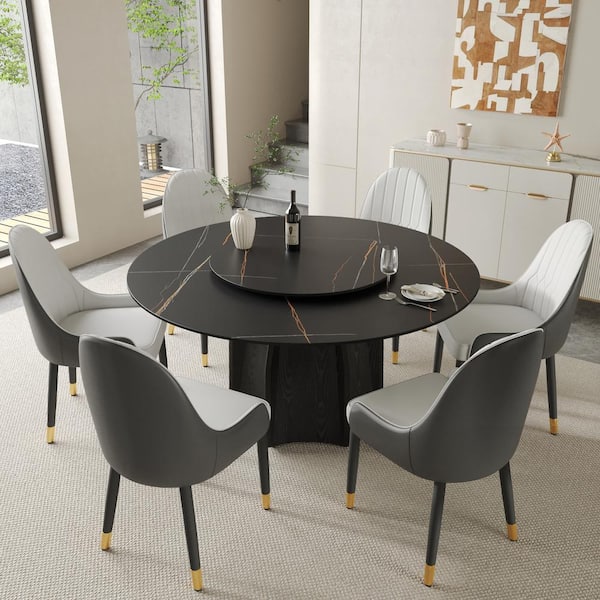 J&E Home Black Marble Top 59.05 in. Pedestal Round Dining Table with 360 Degree Rotating Tabletop (Seats 8)