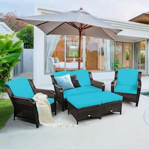 5-Piece Wicker Patio Conversation Set Patio Rattan Sofa Set with Turquoise Cushion and Ottoman