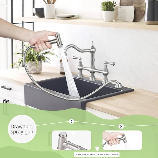 Antique Design Double Handle Bridge Kitchen Faucet with Side Sprayer in Brushed Nickel