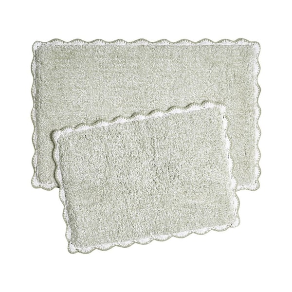 Heathered Crochet Border Sage Green 17 in. x 24 in. / 20 in. x 32 in. Solid Color Cotton 2-Piece Bath Rug Set