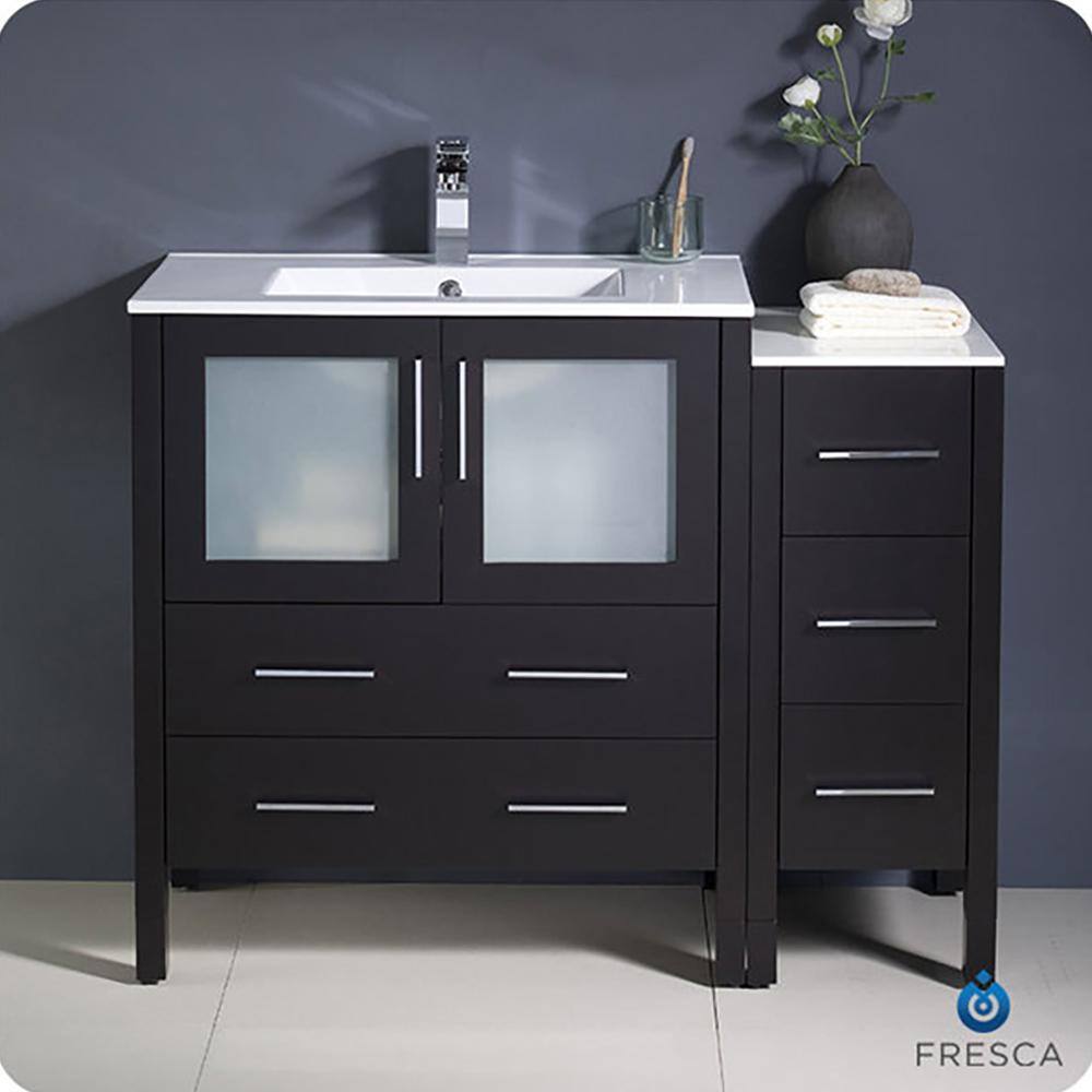Espresso Engineered Wood 42" Freestanding Vanity Base with Frosted Glass Doors