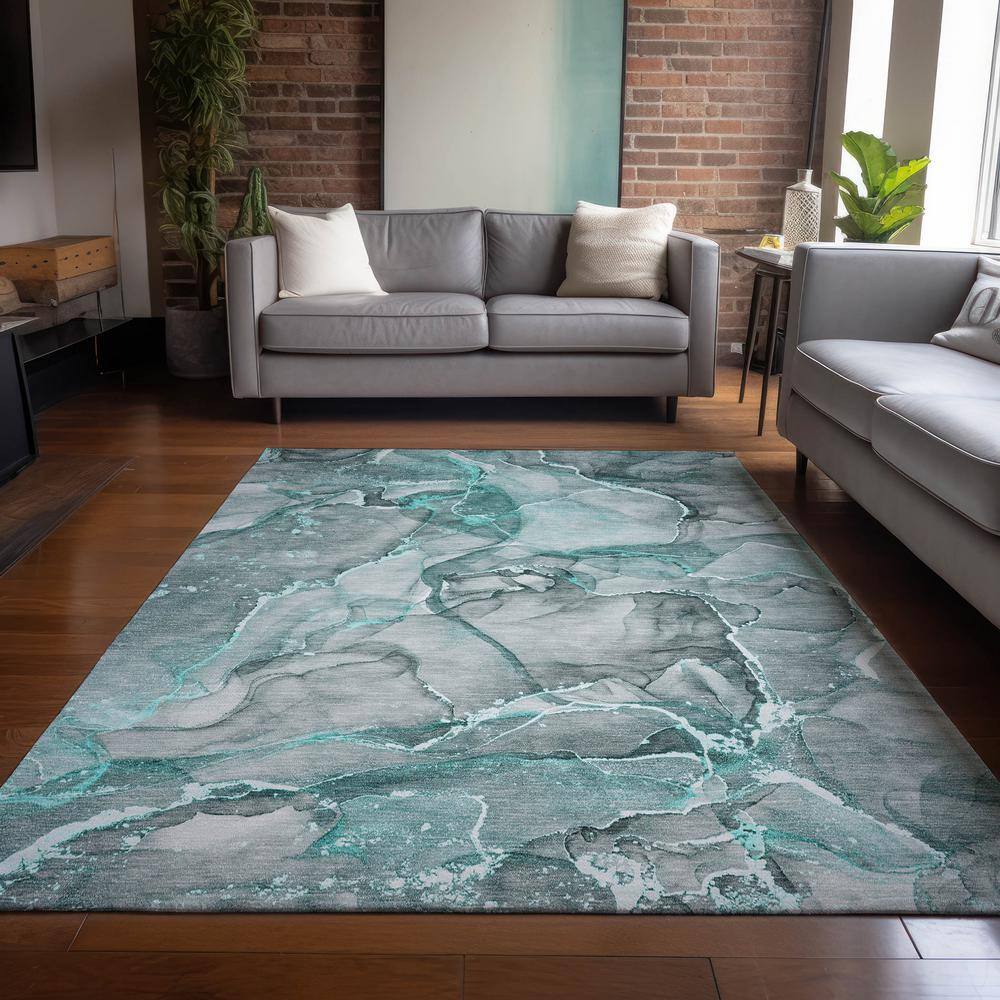 Teal and Gray Watercolor 9' x 12' Synthetic Area Rug