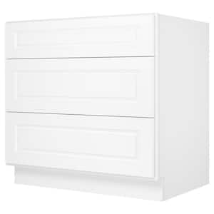36 in. Wx24 in. Dx34.5 in. H in Raised Panel White Plywood Ready to Assemble Drawer Base Kitchen Cabinet with 3 Drawers