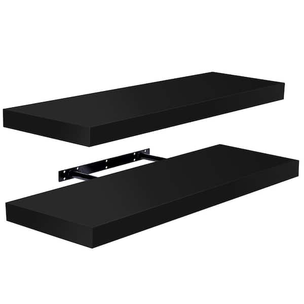 9 in. x 24 in. x 1.5 in. Classic Black Wood Decorative Wall Shelves with Brackets (2-Pack)