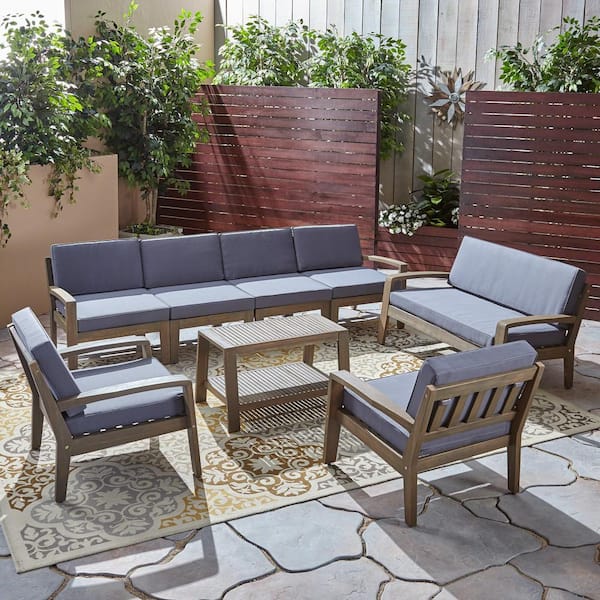 Noble House Grenada 8-Piece Wood Outdoor Patio Conversation Set with Dark Grey Cushions