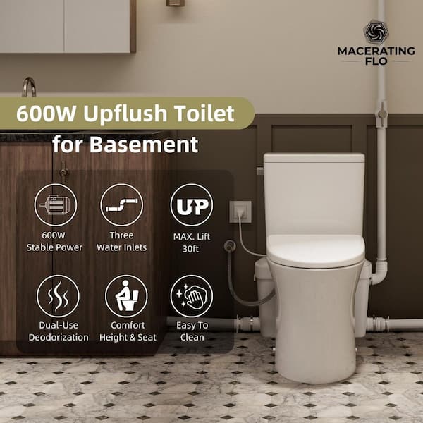 Macerating Toilet with Pro 600W Pump, White Elongated Bowl Two Piece Toilet, 1.28 GPF Single Flush, Extension Pipes