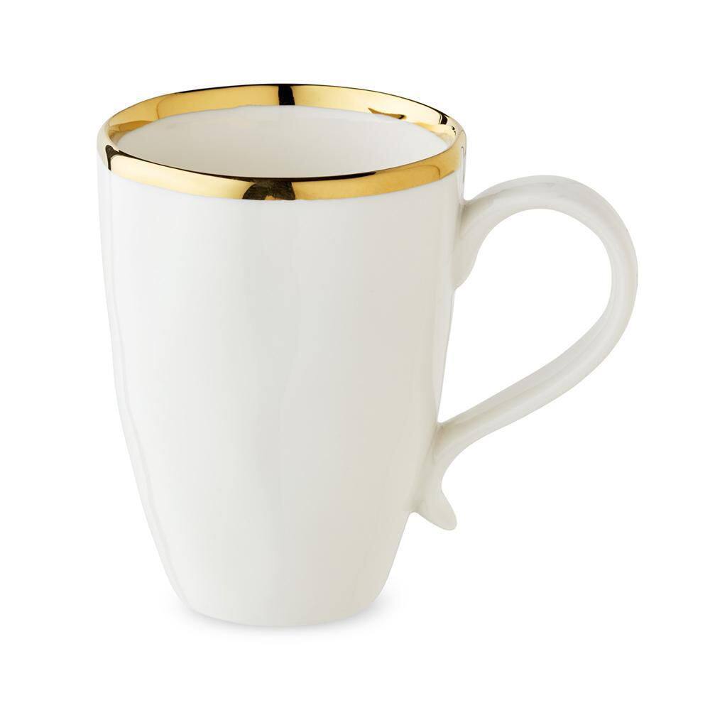 Set of 4 White Ceramic Mugs with Gold Trim, 18oz