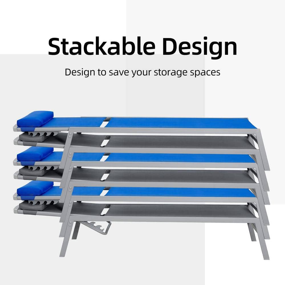 Blue Aluminum Armless Chaise Lounge Set with Side Table