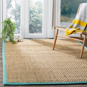 Natural Fiber Beige/Teal Doormat 3 ft. x 5 ft. Border Area Rug