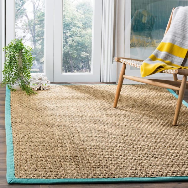 Natural Fiber Beige/Teal 8 ft. x 10 ft. Border Area Rug