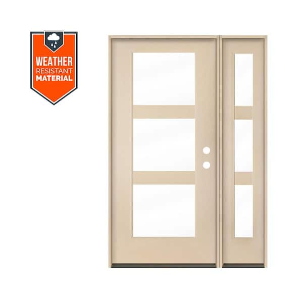 BRIGHTON Modern 50 in. x 79 in. 3-Lite Left-Hand Inswing Clear Glass Unfinished Fiberglass Prehung Front Door RSL