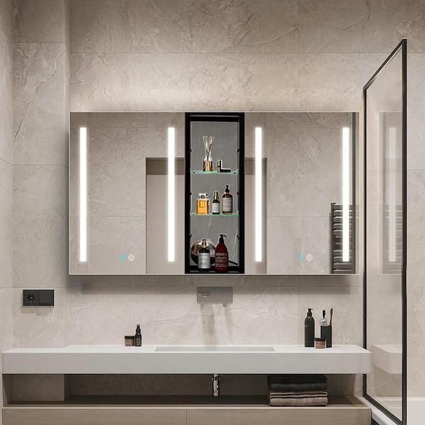 Modland Baily 50 in. W x 30 in. H Large Rectangular Silver Aluminum Surface Mount Medicine Cabinet with Mirror 1Left 1Right door