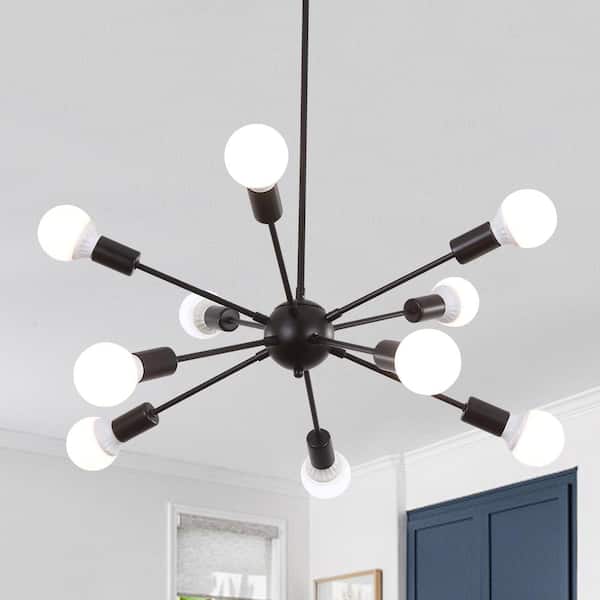 ZJVAIVE 10-Light Matte Black Linear Sputnik Chandelier for Living Room Kitchen Island with No Bulbs Included