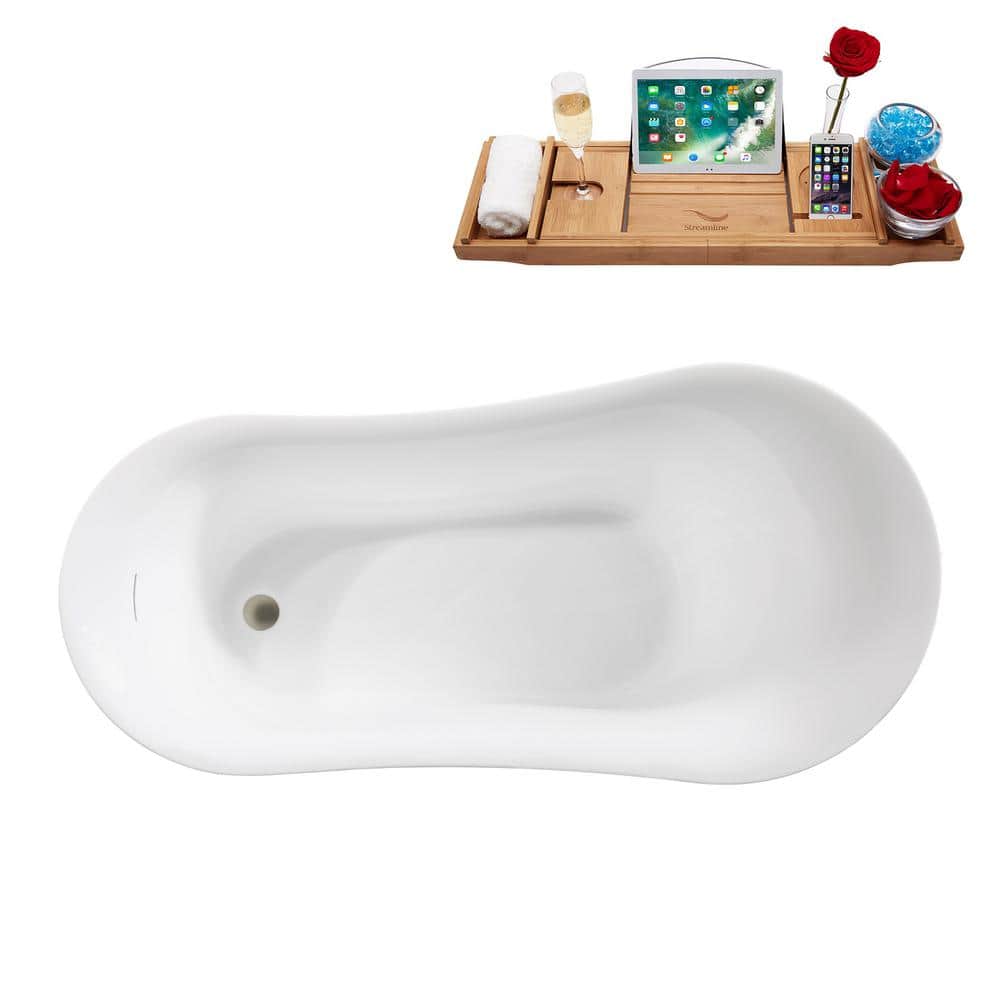60" Glossy White Acrylic Freestanding Double Slipper Tub with Brushed Nickel Drain