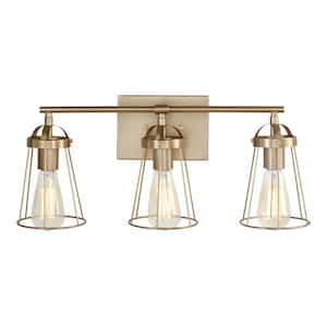 Dames 21.75 in. 3-Light Satin Brass Modern Industrial Wall Bathroom Vanity Light with Wire Cage Shades