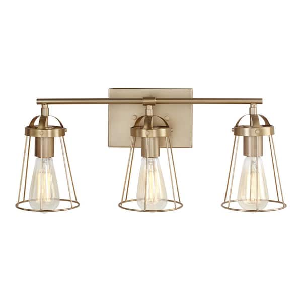 Generation Lighting Dames 21.75 in. 3-Light Satin Brass Modern Industrial Wall Bathroom Vanity Light with Wire Cage Shades