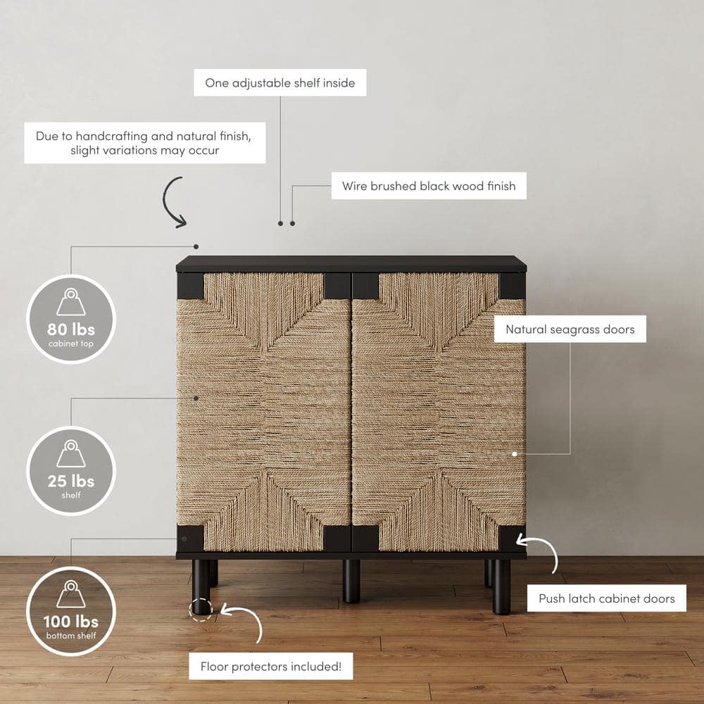 Beacon Black Wood and Seagrass 2-Door Storage Cabinet