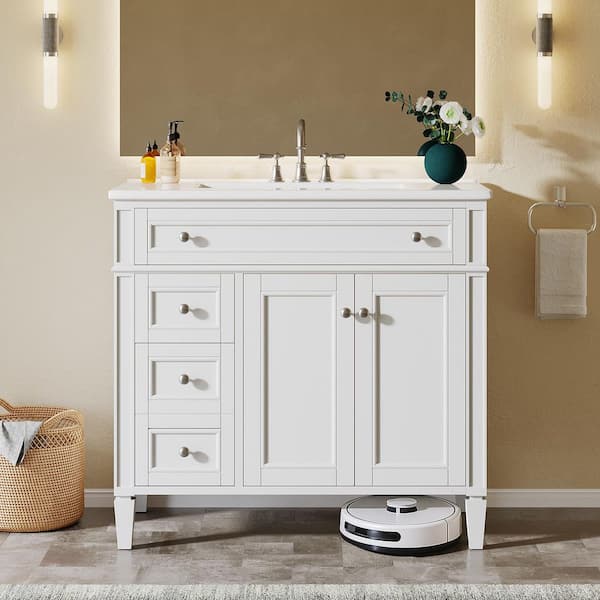 36 in. Single Sink Freestanding White Bath Vanity with White Ceramic Top Unassembled