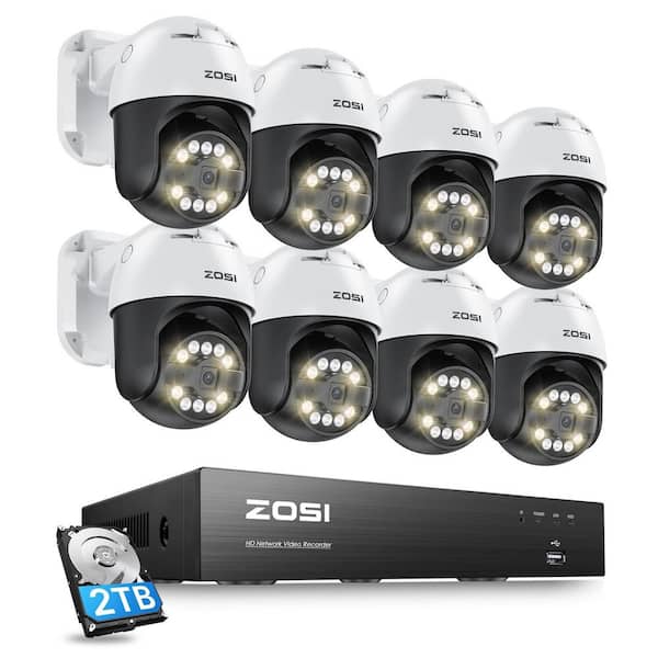 ZOSI 4K 8-Channel POE 2TB NVR Security Camera System with 8-Wired 5MP 355-Degree Pan Tilt Outdoor Cameras, 2-Way Audio