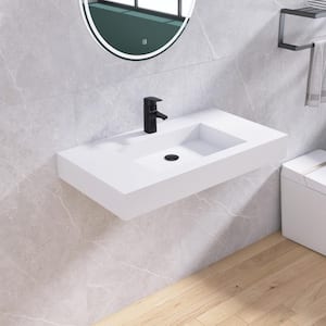 35 in. x 19 in. Solid Surface Wall-Mounted Bathroom Vessel Sink in White with Faucet Hole